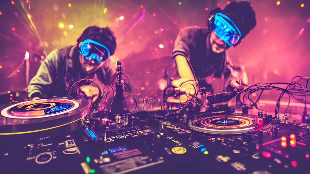 Image similar to a person wearing goggles and visor and headphones using a retro record player contraption, wires and tubes, turntablism dj scratching, intricate planetary gears, cinematic, imax, sharp focus, leds, bokeh, iridescent, black light, fog machine, hazy, lasers, hyper color digital art