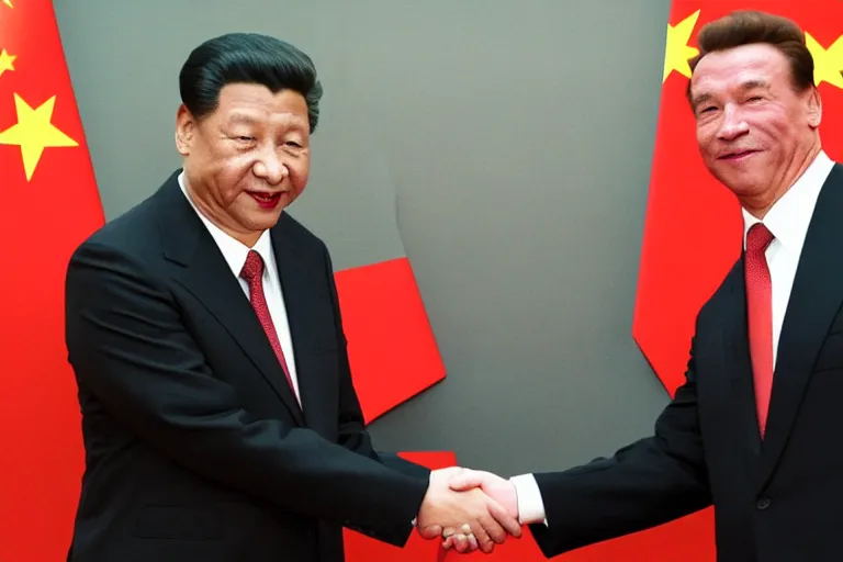 Image similar to xi jinping and arnold schwarzenegger shaking hands