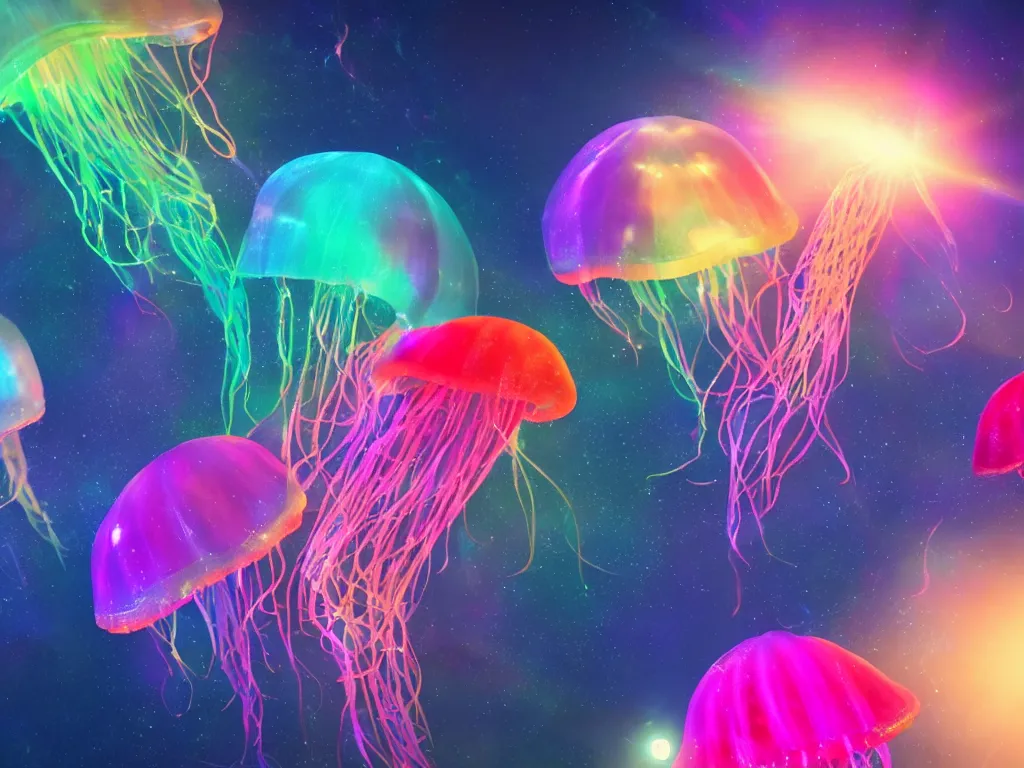 Prompt: three jellyfish swimming in a colorful nebula with shafts of light under a rainbow, trending on artstation, rendered in cinema 4 d, 8 k 3 d, cgsociety, zbrush, volumetric light, lightrays, cinematic, atmospheric, octane render, flickr, filmic, cryengine