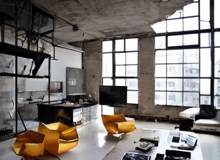 Prompt: futuristic apartment, massive 1 9 7 0 s hi fi system, funky furniture, modern art, wabi sabi, industrial chic, minimalism, loft style, interior design magazine