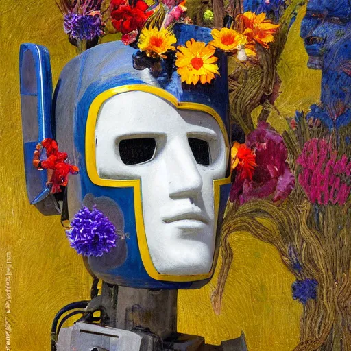 Image similar to painting of an android robot wearing a mask made of flowers, by annie swynnerton and diego rivera and ( ( tino rodriguez ) ), symbolist, dramatic lighting, elaborate geometric ornament, art brut, soft cool colors, smooth, sharp focus, extremely detailed, adolf wolfli