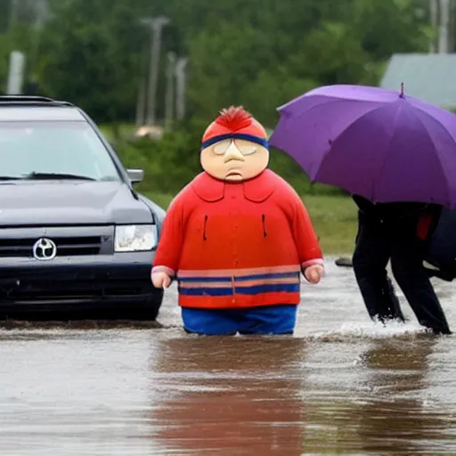 Image similar to eric cartman in real life, helping to rescue victims of a hurricane in louisiana, photograph