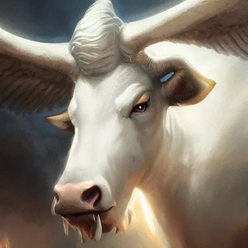 Image similar to a white bull with angelic wings, epic fantasy digital art, fantasy style art, by Greg Rutkowski, fantasy hearthstone card art style