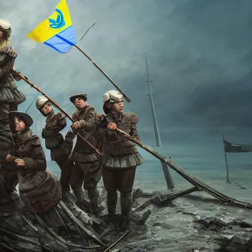 Image similar to ukrainian girls with ukrainian flag near big ruined warship, happy, concept art, trending on artstation, highly detailed, intricate, sharp focus, digital art, 8 k