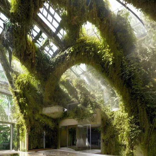 Prompt: a dream about opulent, abandoned overgrown futuristic mansion designed by Zaha Hadid, lush plants growing through the floors and walls, walls are covered with moss and vines, beautiful, dusty, golden volumetric light shines through giant broken windows, golden rays fill the space with warmth, rich with epic details, dreamy atmosphere and drama