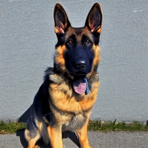 Image similar to a humanoid german shepherd, he wears a gray t - shirt with blue jeans.