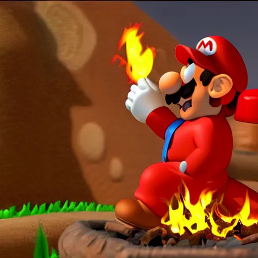 Image similar to Hyper realistic caveman Mario discovers fire