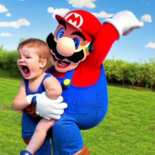 Image similar to a large super mario smiling while holding a screaming crying kid in his arms