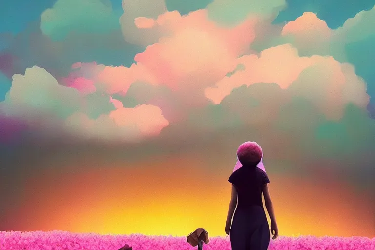 Image similar to giant dahlia flower as head, girl walking on mountain, surreal photography, pink storm clouds, dramatic light, impressionist painting, digital painting, artstation, simon stalenhag