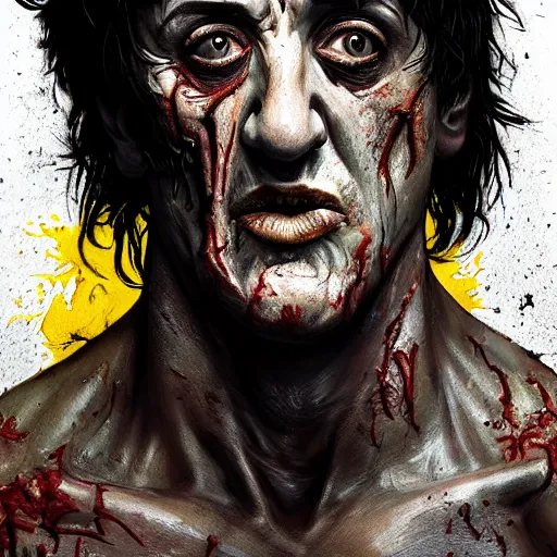 Image similar to sylvester stallone as a flesh eating zombie with cuts on face and yellow teeth, 7 days to die zombie, fine art, award winning, intricate, elegant, sharp focus, cinematic lighting, highly detailed, digital painting, 8 k concept art, art by guweiz and z. w. gu, masterpiece, trending on artstation, 8 k