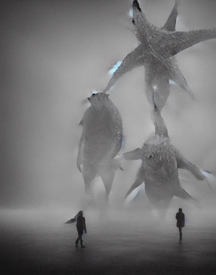 Image similar to very low - resolution found footage of a couple escaping in the city from a starfish kaiju monster, fog, foggy, korean film noir, monochrome, red hue, thriller, underdeveloped, epic, dramatic