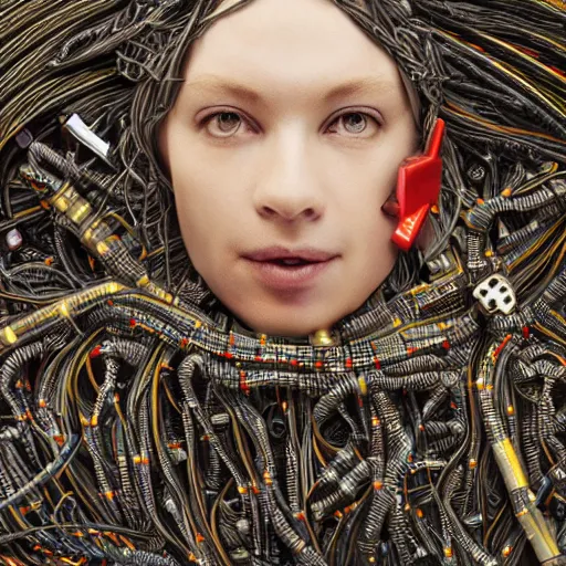 Image similar to tapping in to something greater, piles of modular synth cables, goddess laying down wearing a headpiece made of circuit boards, by cameron gray, wlop, stanley kubrick, masamune, hideki anno, unique perspective, trending on artstation, 3 d render, smooth render