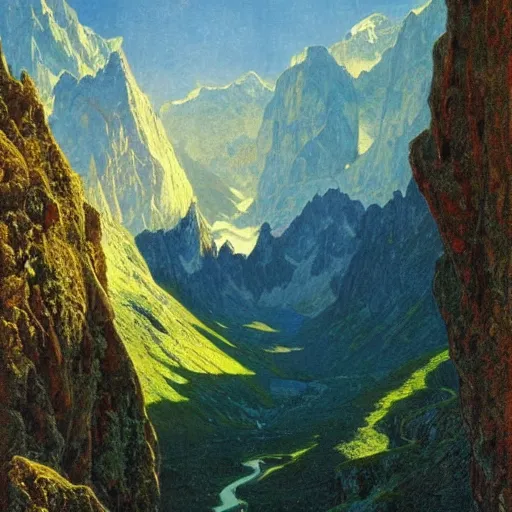 Image similar to wonderful alpine mountain valley, swiss, astral appearance, cinematic light, sublime, colorful, light shafts, dramatic light, by august malmstrom, russian painters, mucha, disney, global illumination, rule of thirds, perfect central composition.