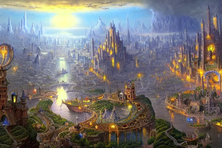 Image similar to a beautiful stunning insanely detailed fantasy matte painting of a magical mythical city buzzing with activity by Heironymous Bosch and Jim Burns