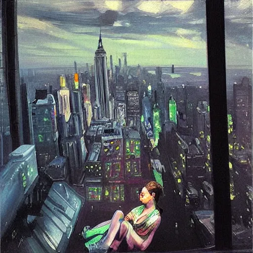 Prompt: “ a girl!!!!!! looking down at a futuristic new york city below, ghostpunk, very detailed, high quality, oil painting, by george bellows ”