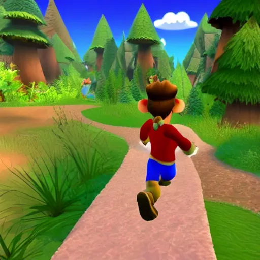 Prompt: banjo kazooie running towards a distant jiggy, dreamy landscape, forest of treetops