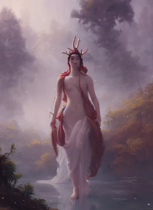 Image similar to Gigantic Deity with white antlers and translucent mushrooms, extremly detailed oil painting, in the style of Fenghua Zhong and Ruan Jia and Jeremy Lipking, rim light, beautiful lighting, mystic, 8k, stunning scene, raytracing, octane, trending on artstation