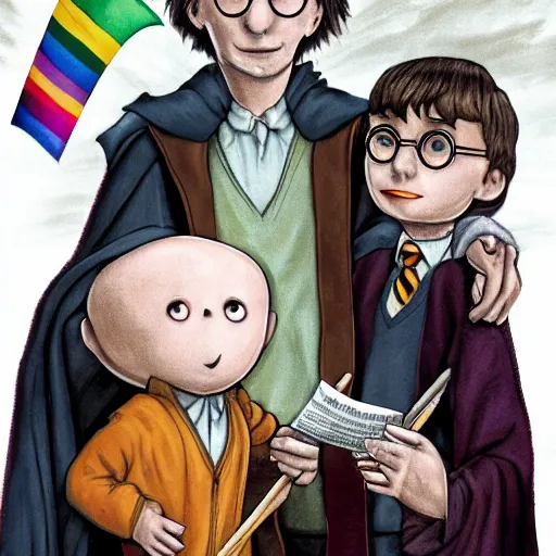 Image similar to harry potter with voldemort, pride flag in background, full picture, art by normal rockwell