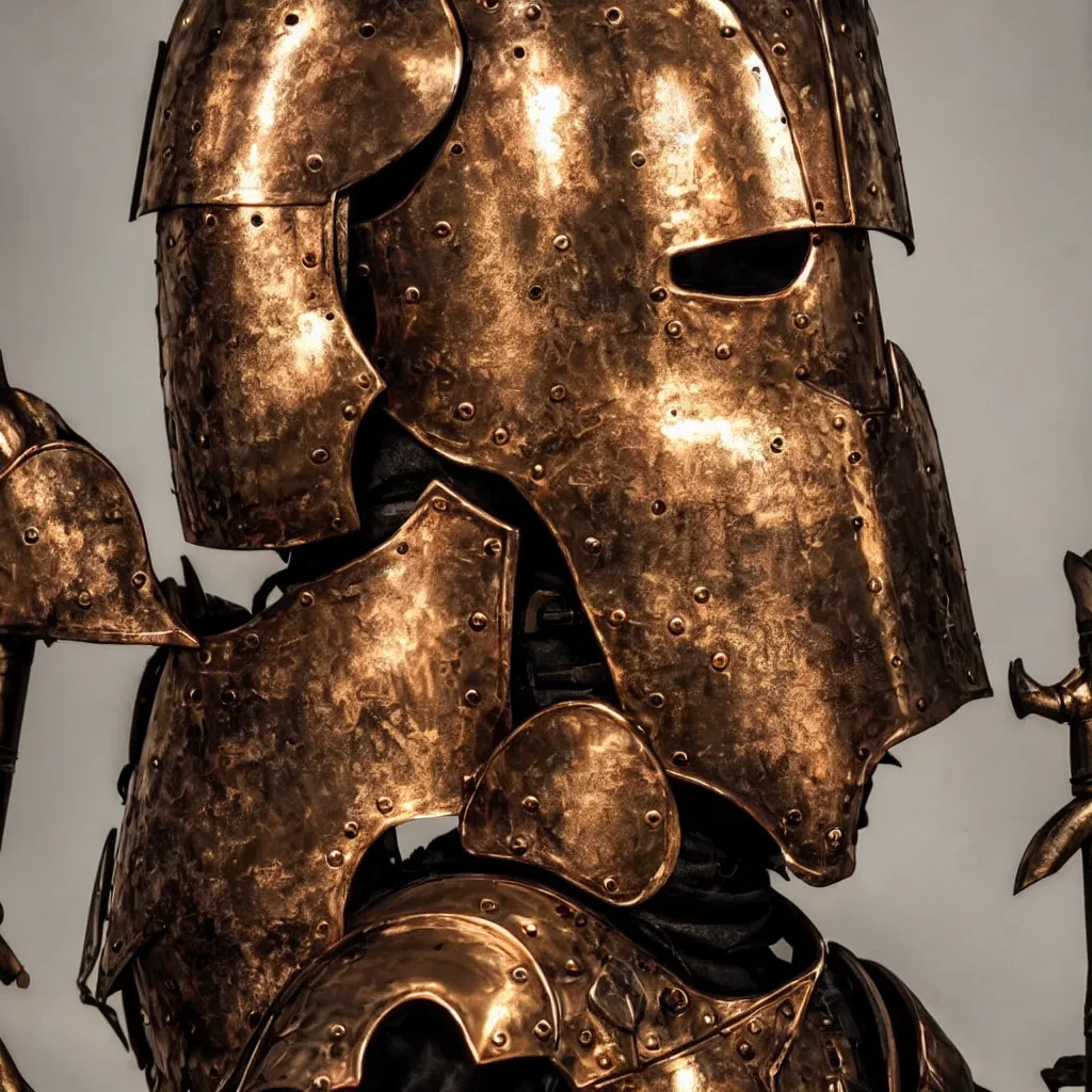 Image similar to of a photo of a knight character that has a helmet that is made of copper and gold, beautiful sculpted details, cinematic lighting, this knight is a war lord who roamed the fields in many battles, there is a faint red aura to him displaying a lot of power