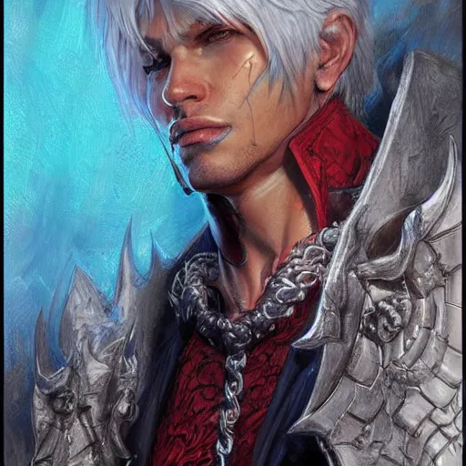 Image similar to Dante from DMC as a fantasy D&D character, portrait art by Donato Giancola and James Gurney, digital art, trending on artstation