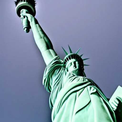 Image similar to the statue of liberty shaking her fist at the people below her, low - angle shot