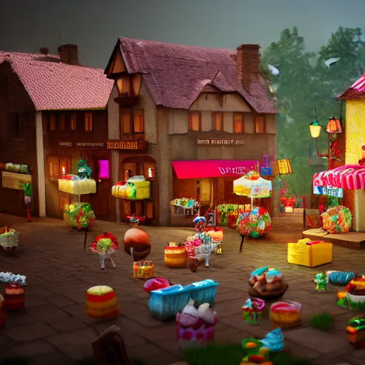 Image similar to Village made of sweets, 4k octane render, detailed art, artstation, streetview, CGSociety, deviantart