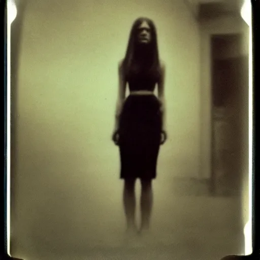 Image similar to a polaroid picture of a pale girl's spirit who doesn't know she's dead, corrupted photo, dreaded black dress, polaroid picture taken by gammell - horror masters - autocore