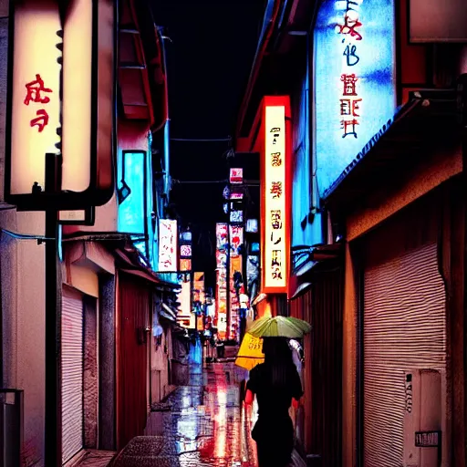 Prompt: japan narrow street with neon signs and a girl with umbrella wearing techwear, digital art, sharp focus, wlop, artgerm, beautiful, award winning,