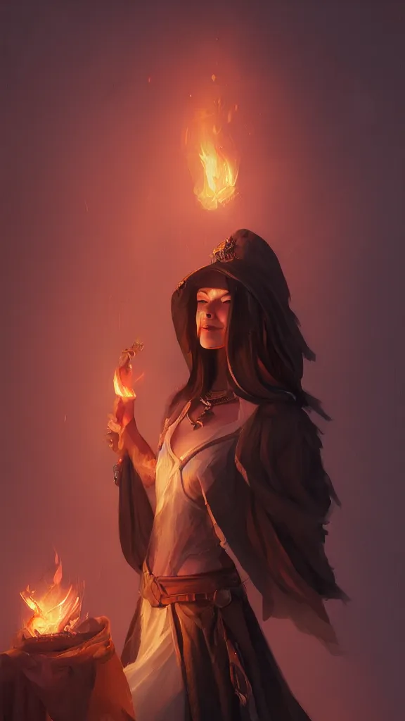 Prompt: An ultradetailed portrait of a smiling female goddess wizard of fire wearing long black duster by Tian Zi, Mandy Jurgens and Viktoria Gavrilenko trending on artstation :1.7