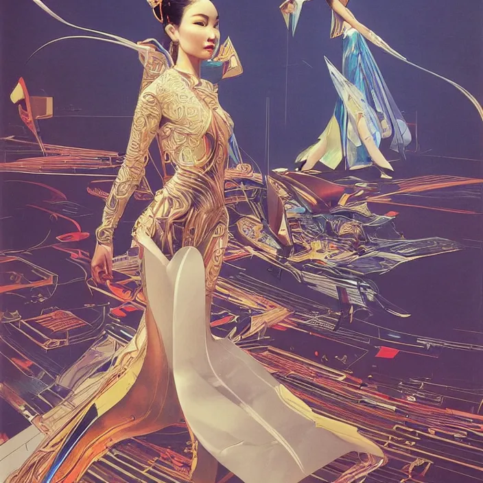 Image similar to chinese princess, full body, high fashion, futurist, aerodynamic, flowing, intricate, slick, highly detailed, digital painting, cyberpunk, concept art, smooth, sharp focus, hd, art by syd mead and bruce pennington and annie leibovitz