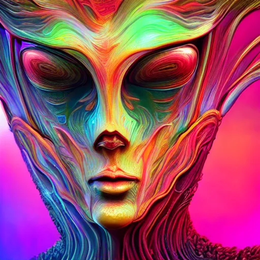 Prompt: Face of a Alien Deity, corals, plume made of fractals, extremly detailed digital painting, in the style of android jones, artwork of a futuristic artificial intelligence superstar, mystical colors, rim light, beautiful lighting, 8k, stunning scene, raytracing, octane, trending on artstation