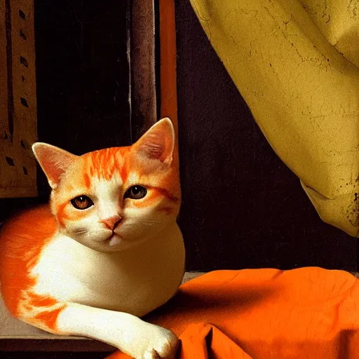 Image similar to a painting of an orange cat staring profoundly into the window, a detailed painting by johannes vermeer, behance, american scene painting, dutch golden age, detailed painting, academic art
