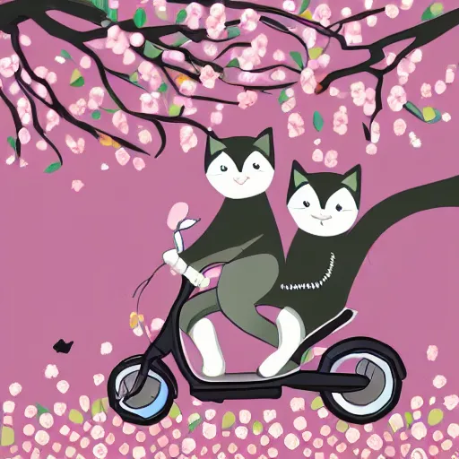 Image similar to a cute artwork of two cats riding scooters through a forest of cheery blossom trees