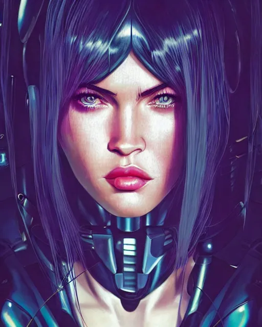 Image similar to still portrait photo of megan fox as the major ghost in the shell as cyborg woman by pixar, by weta, wlop, ilya kuvshinov, rossdraws, artgerm, maxim cover, latex, sweaty, iridescent, bright morning, anime, liosh, mucha