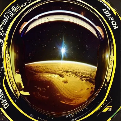 Image similar to “astronaut on board international space station wearing black space suit and gold helmet and ornaments, highly detailed, realistic, sparkle, portrait, no flag patch, symmetrical, photorealistic, proportional, beauty, fish eye lens, nasa, spacex, galaxies, in the style of Edward hooper oil painting sun rising”