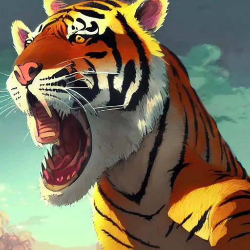 Image similar to a tiger wearing a dress, illustration concept art anime key visual trending pixiv fanbox by wlop and greg rutkowski and makoto shinkai and studio ghibli and kyoto animation symmetrical facial features