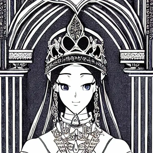 Prompt: a scene of two beautiful queens facing each other in front of a throne, symmetrical faces, detailed anime art