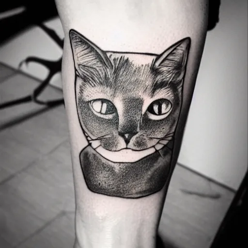 Prompt: stick and poke tattoo of a cat with 4 eyes, black and white tattoo, linework