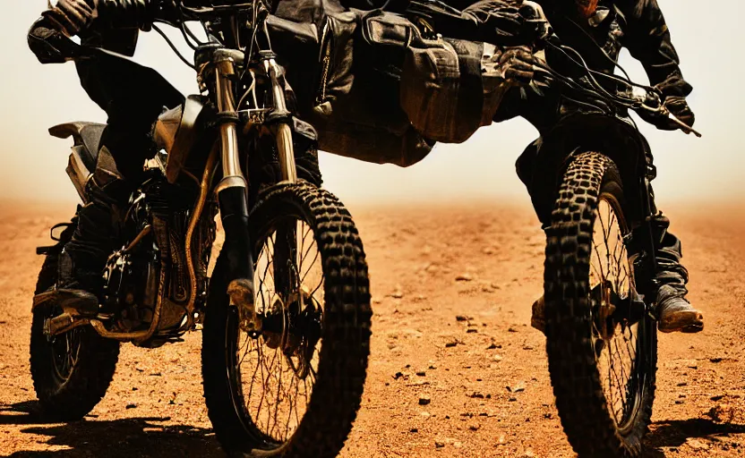 Image similar to cinestill 5 0 d candid photographic portrait by helen levitt of heisenberg wearing rugged black mesh techwear on a dirtbike through a desolate plain, extreme closeup, modern cyberpunk moody emotional cinematic, dust storm, 8 k, hd, high resolution, 3 5 mm, f / 3 2, ultra realistic faces, ex machina