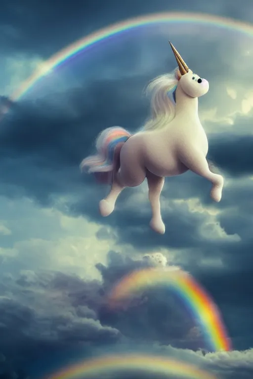 Image similar to a tiny baby unicorn on a rainbow cloud, dramatic lighting, cinematic, establishing shot, extremely high detail, foto realistic, cinematic lighting, post processed, concept art, high details, cinematic, 8k resolution, beautiful detailed, photorealistic, digital painting, artstation, concept art, smooth, sharp focus, artstation trending, octane render, unreal engine
