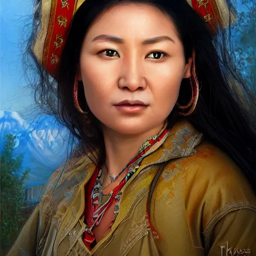 Image similar to portrait of an kyrgyzstani woman ( 3 5 ) from kyrgyzstan in 2 0 2 1, an oil painting by ross tran and thomas kincade