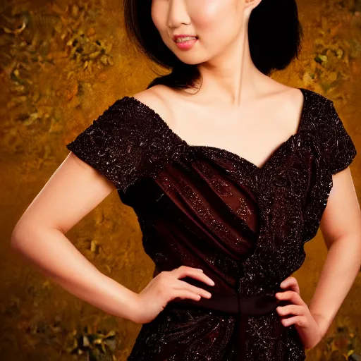 Prompt: an asian woman wearing a beautiful evening gown made of dark chocolate. studio lighting, high quality, high resolution