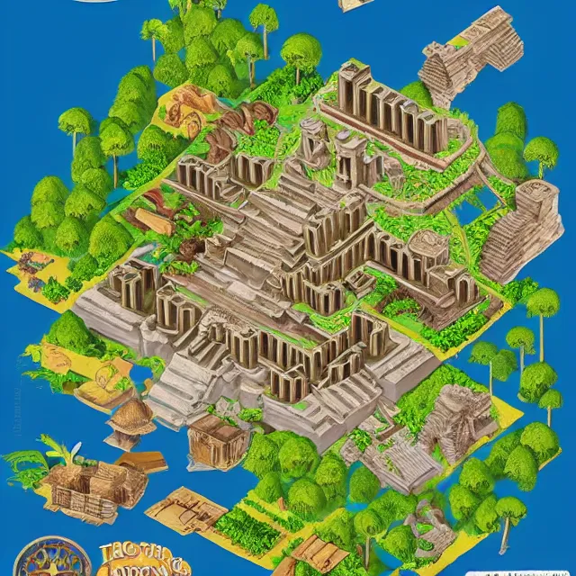 Image similar to an isometric game map of Tikal, Lost World Pyramid, Tikal Temple IV, Maya Temples