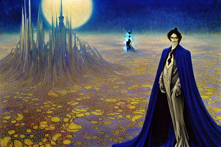 Image similar to realistic extremely detailed portrait painting of an elegantly creepy vampire man in a cape, futuristic sci-fi city on background by Jean Delville, Amano, Yves Tanguy, Alphonse Mucha, Ernst Haeckel, Edward Robert Hughes, Roger Dean, rich moody colours, blue eyes