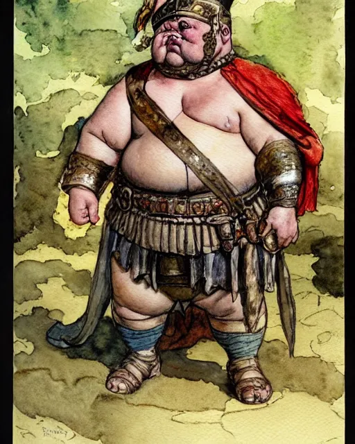 Image similar to a realistic and atmospheric watercolour fantasy character concept art portrait of a fat adorable chibi bulldog roman soldier in a roman temple, by rebecca guay, michael kaluta, charles vess and jean moebius giraud