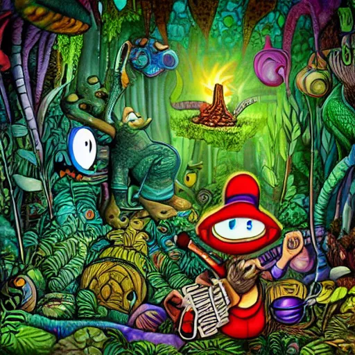 Prompt: trip, mushrroom with cartoon eyes smoking a pipe in the jungle, highly detailed, psychodelic, colorfull