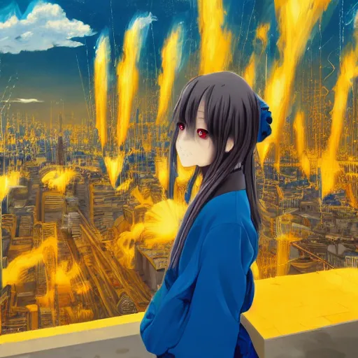 Image similar to anime ukrainian girl, in blue and yellow clothes, watching explosions in big city, concept art, trending on artstation, highly detailed, intricate, sharp focus, digital art, 8 k