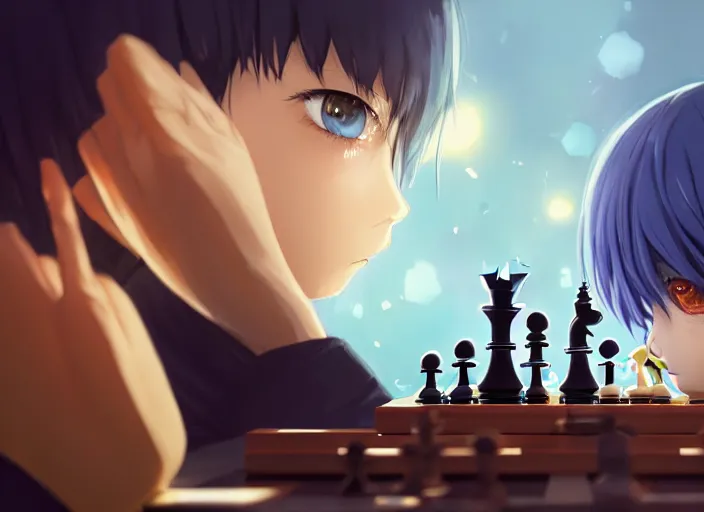 Image similar to rimuru playing chess, with gold eyes, sky blue straight hair, bangs, black jacket, high collar, concept art, award winning photography, digital painting, cinematic, by wlop, anime key visual, wlop, 8 k, by ross tran, tom bagshaw, ilya kuvshinov, andy warhol