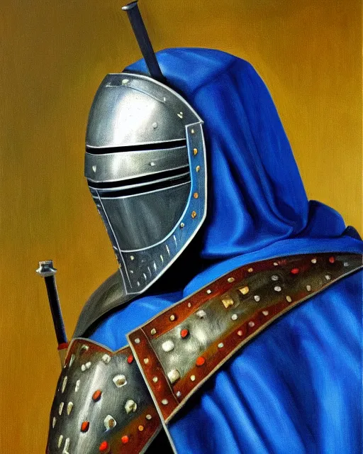 Prompt: a armored knight holding his sword, depression atmosphere, calm face, in blue cape, wild, daniel oxford, oil painting, master piece