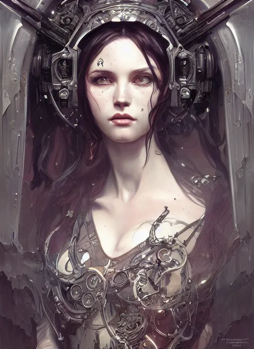 Prompt: portrait of beautiful pale gothic maiden, warhammer 40000, cyberpunk, intricate, elegant, highly detailed, digital painting, artstation, concept art, smooth, sharp focus, illustration, art by artgerm and greg rutkowski and alphonse mucha and Gustav Klimt